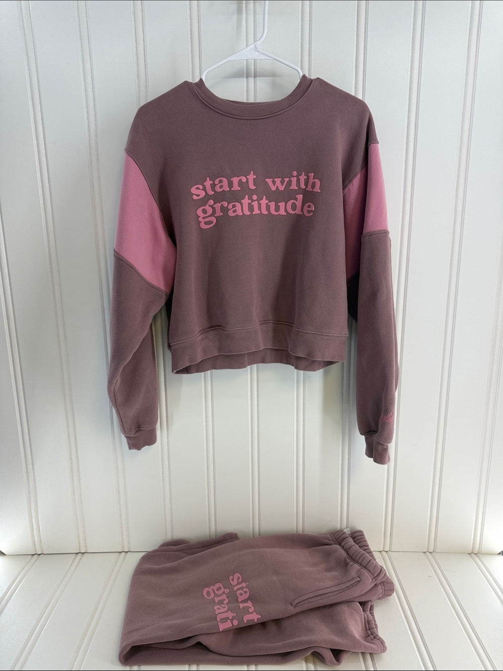 Start With Gratitude Pink Accent Mauve Crewneck Sweatshirt and Sweatpants